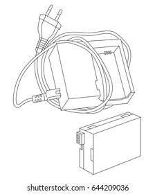 Vector illustration of recharger and battery for camera isolated on a white background. Can be used for graphic design, textile design or web design.