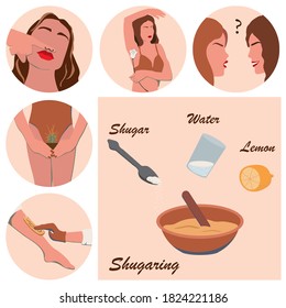 Vector illustration of recipe of sugar paste for depilation and set of 5 icons in nice natural colors, symbol of depilation area. It can be used for beauty and SPA site, blogs of cosmetologist