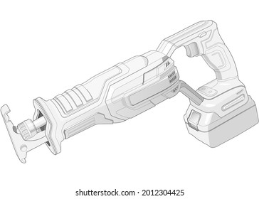 Vector illustration of reciprocating saw on white background for logotype, icon, banner, tag. Professional power tools for home, construction and finishing work.