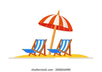 Vector illustration of a recliner on the sand under an umbrella. Recreation and travel concept. 
