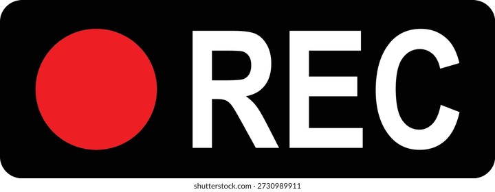 Vector illustration of a recording Button symbol featuring a bold red circle and white “REC” text on a black background. Represents active video or audio recording. Ideal for media production graphics, surveillance UI, broadcast overlays, and digital interface elements.