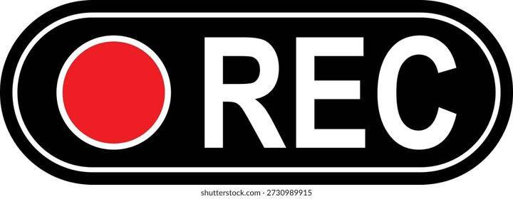 Ilustración vectorial de un símbolo de Botón de registro con un círculo rojo en negrita y texto blanco “REC” sobre un fondo negro. Video Representa la grabación activa de audio. Ideal para gráficos de producción de medios, interfaz de usuario de vigilancia, superposiciones de difusión y Elementos de interfaz digital.