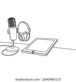 Vector illustration of recording setup with microphone, laptop, headphones and sound waves. Bold minimalism for media content visuals. Multimedia Flat Icon Set