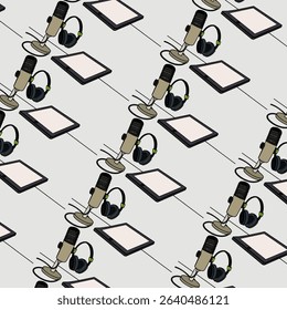 Vector illustration of recording setup with microphone, laptop, headphones and sound waves. Bold minimalism for media content visuals. Multimedia Flat Icon Set