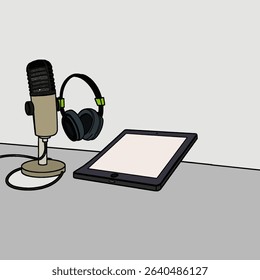 Vector illustration of recording setup with microphone, laptop, headphones and sound waves. Bold minimalism for media content visuals. Multimedia Flat Icon Set