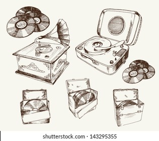 vector illustration of a recordplayer. set of sketches