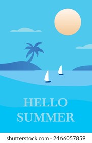 Vector illustration. Recreation concept. Poster with the sea and the beach. The picture shows the sea, sails, tropical leaves and sunset. Perfect for a summer sale post or banner.