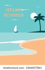 Vektorillustration. Freizeit. Poster mit dem Meer und dem Strand. Das Bild zeigt das Meer, Segel, tropische Blätter und Sonnenuntergang. Perfekt für einen Sommerverkaufsposten oder Banner.