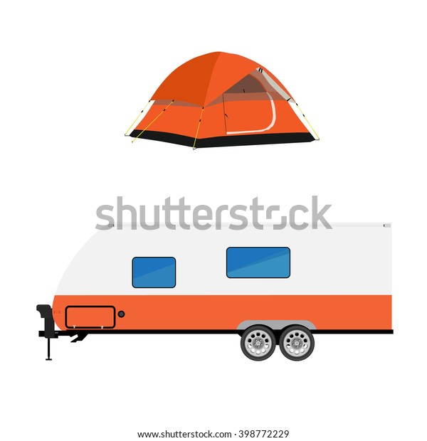 Vector illustration recreational vehicle and\
orange camping tent. Trailer camper. rv camper trailer icon. Modern\
realistic caravan