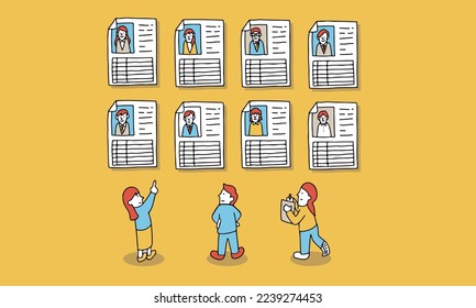 Ilustración vectorial del concepto de reclutamiento. El candidato reanuda el examen por el director de contrataciones de recursos humanos, el empleo o la búsqueda de personal cualificado y nuevo personal.