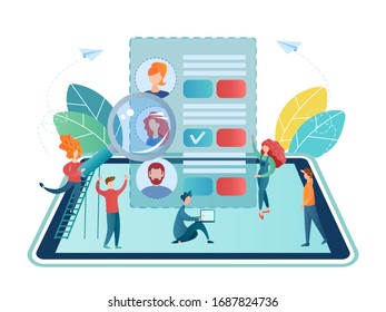 vector illustration recruiting online filling and studying profiles job search concept