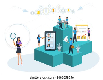 Vector illustration, recruitment, human resources management, hiring employee. Career planning and development. Hr managers searching new candidate for job. Teamwork on performance. Recruitment agency