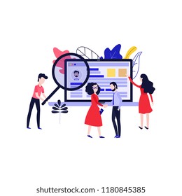 Vector illustration of recruitment and interview theme with recruiters searching for ideal candidate for position in flat style isolated on white background - human resource concept.