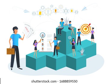 Vector illustration, recruitment, job interview, human resource management concept. HR managers are searching through resumes and hiring staff for new vacancy in the office. Business goal achievement