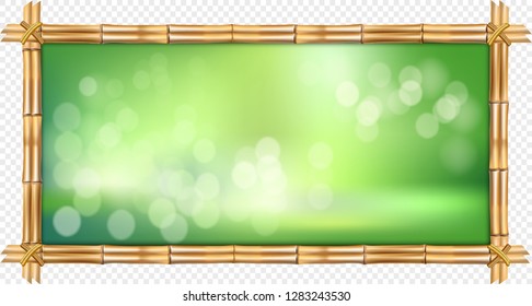 Vector illustration of rectangle brown dry bamboo stems border frame with rope, green bokeh on transparent background. Abstract spa concept tropical banner with empty copy space, place for text.