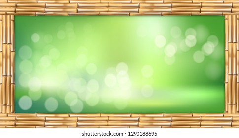 Vector illustration of rectangle brown dry bamboo stems border frame, green bokeh background and blurry white circles inside. Abstract spa concept tropical banner with empty copy space, place for text
