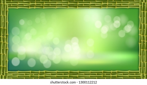 Vector illustration of rectangle green bamboo stems border frame, blur bokeh background and blurry white circles inside. Abstract spa concept tropical banner with empty copy space, place for text.