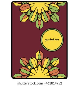 Vector illustration of a rectangular card with floral ornament in oriental style. There is a place for your text. Mandala. It can be used for packaging, invitations, greeting cards, etc.