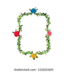 Vector illustration of rectangular frame decorated with roses and leaves, isolated on white background