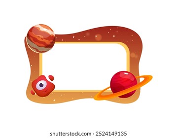 Vector illustration of a rectangular frame with a space theme. Decorated in orange tones with stars, planets and a cute alien. Perfect for children's design. Flat style. Isolated background.