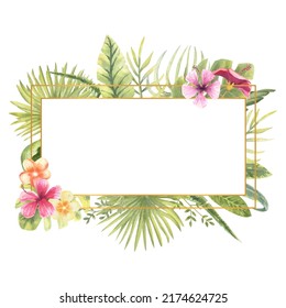 Vector illustration of a rectangular frame with tropical plants. Monster, banana leaves, hibiscus, etc. Floral watercolor. For the design of greeting cards, invitations