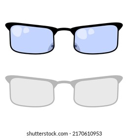 Vector illustration of rectangular glasses with black frame and blue glass with flare on a white background with shadow