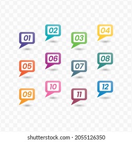 Vector illustration of rectangular number bullet points from one to twelve with a transparent background (PNG).