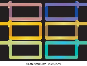 Vector illustration of rectangular ribbon frame in six colors isolated on black background with copy space. Design template for page layout