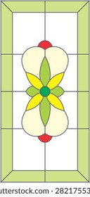 Vector illustration of rectangular stained glass window with simple symmetrical 4 petal flower design in center. Light green frame, yellow petals, green leaves, and cream background. Clean and modern decorative design. Perfect for door, window, kitchen, office, home, and interior decoration.