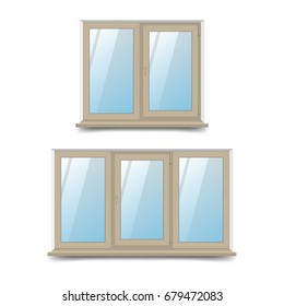 Vector illustration of a rectangular two-leaf and three-winged plastic windows. The design of the windows is swinging