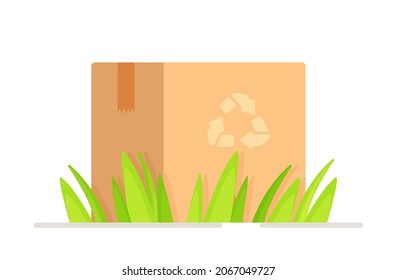 Vector illustration of recycle box standing in the grass on a white background. Recycle box concept. 