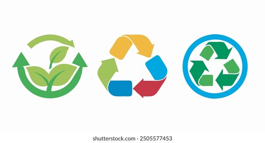 Vector illustration of a recycle icon set representing sustainability, environmental protection, and waste management. Ideal for eco-friendly projects, recycling programs