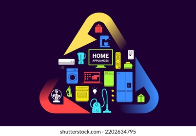 Vector illustration of recycle sign with color different appliance on dark background. Flat line art style design eco friendly home appliance set for web, site, banner, print, poster