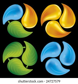 Vector illustration of recycle sign: fire, leaf, water.