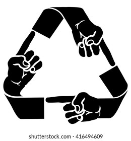 Vector illustration of a recycle symbol with human fingers pointing for the concept of karma.