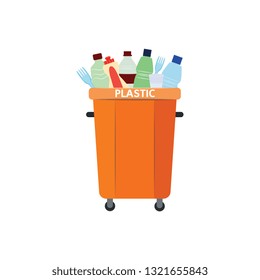 Vector Illustration Of Recycle Trash Bin For Plastic Type Of Garbage In Flat Style Isolated On White Background - Orange Waste Container Full Of Used Disposable Tableware And Plastic Bottles.