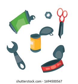 Ilustración vectorial del reciclaje de la basura metálica. Juego de lata, llave, tijeras, tuerca. Basura clasificada. Basura separada. 