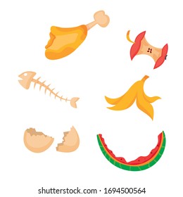 Ilustración vectorial del reciclaje de basura orgánica.  Conjunto de pollo usado, manzana, sandía, huevo roto, huesos de pescado. Basura clasificada. Basura separada. 