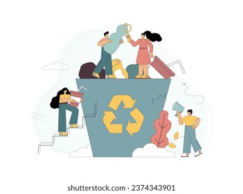 Vector illustration. Recycling. People are sorting garbage. Solving environmental problems