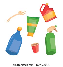Ilustración vectorial del reciclaje de basura plástica. Conjunto de latas de plástico usadas, frasco, cartucho. Basura clasificada. Separación de basura