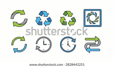 Vector illustration of recycling symbols and eco-friendly line art icons