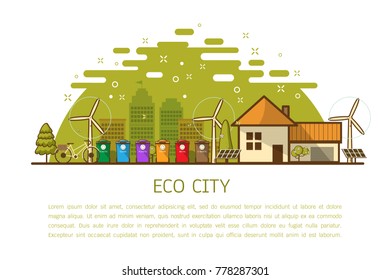 Vector illustration of recycling trash bins Municipal waste segregation management concept.  flat line style concept of eco home, renewable energy, ecology. 