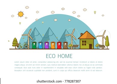 Vector illustration of recycling trash bins Municipal waste segregation management concept.  flat line style concept of eco home, renewable energy, ecology. 