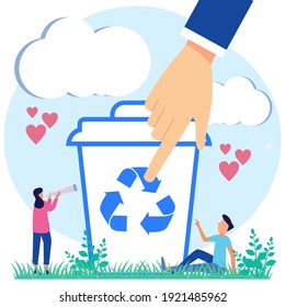 Vector illustration of recycling waste, sorting and selecting the type of waste. Environmental ecological solutions to save nature, segregation of glass, paper, organic and plastics.