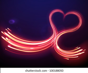 Vector illustration of red abstract background with blurred magic heart shape neon light lines