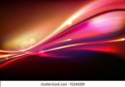 Ilustração vetorial de fundo abstrato vermelho com linhas curvas de luz néon magia borrada