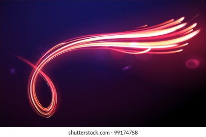 Vector illustration of red abstract background with blurred magic neon light curved lines