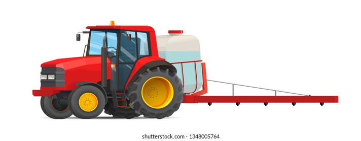 Vector illustration of a red agricultural tractor. Watering installation. Arrangement of crops.