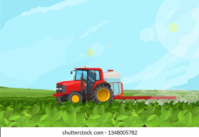 Vector illustration of a red agricultural tractor. Watering installation. Arrangement of crops.