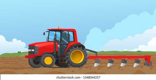 Vector illustration of a red agricultural tractor. Device for plowing. Spring soil preparation for seedling.